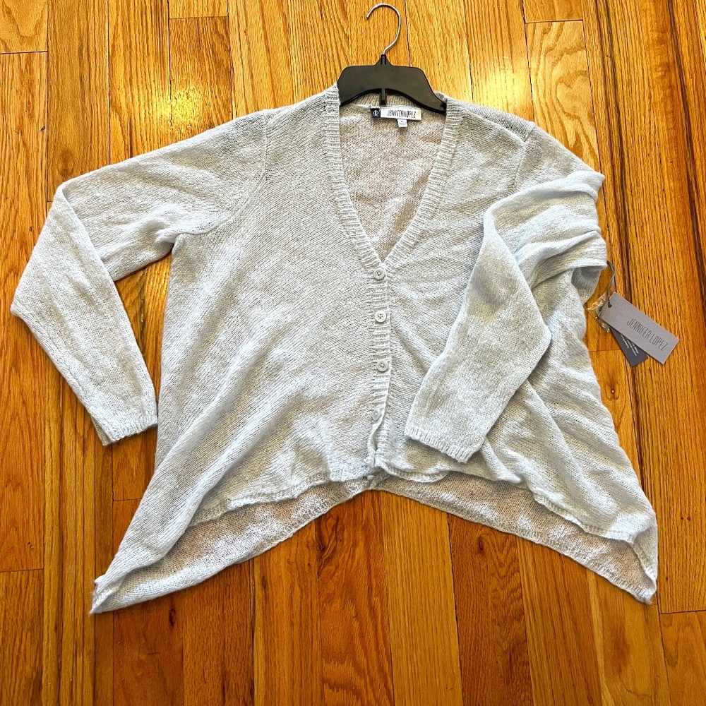 NWT NEW JENNIFER LOPEZ light gray grey silver shimmer cardigan sweater s…